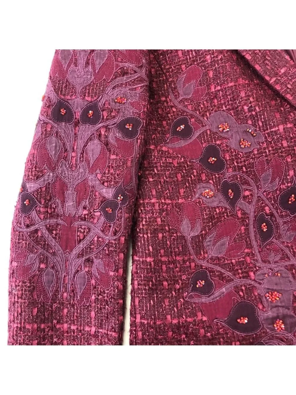 Tory Burch Patsy Glazed Tweed dark plum long line coat Size 2 appliqué embellish